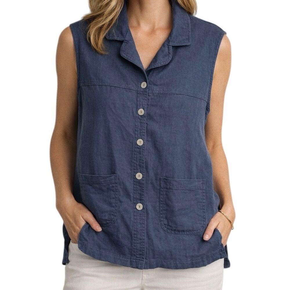Talbots‎ Linen Blend Button Front Vest Medium Blue Sleeveless Vintage Top